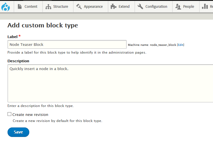 Drupal 8 custom block types introduced via node teaser blocks